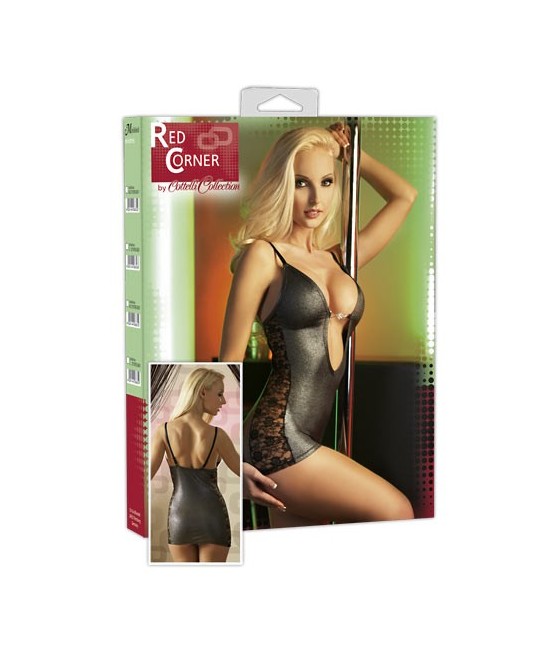 MINI ABITO NERO LUCIDO CON BANDE IN PIZZO