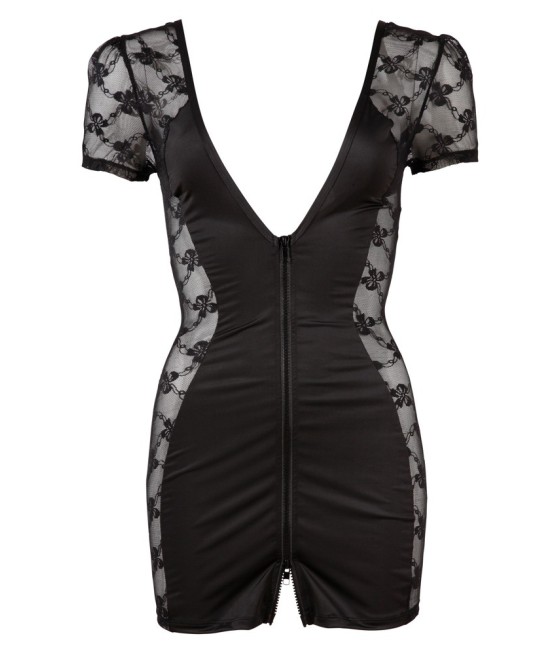 ABITO CORTO NERO IN TESSUTO ELASTICO E PIZZO ZIP FRONTALE