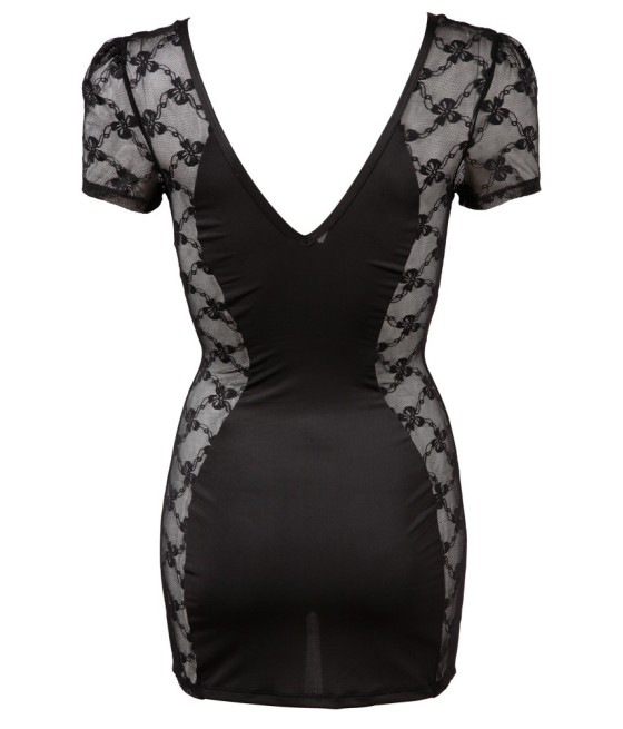 ABITO CORTO NERO IN TESSUTO ELASTICO E PIZZO ZIP FRONTALE