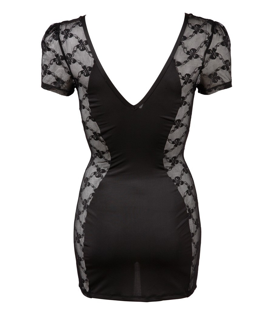 ABITO CORTO NERO IN TESSUTO ELASTICO E PIZZO ZIP FRONTALE