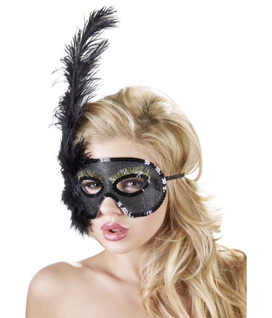MASCHERA CON PIUMA E DECORAZIONI DORATE