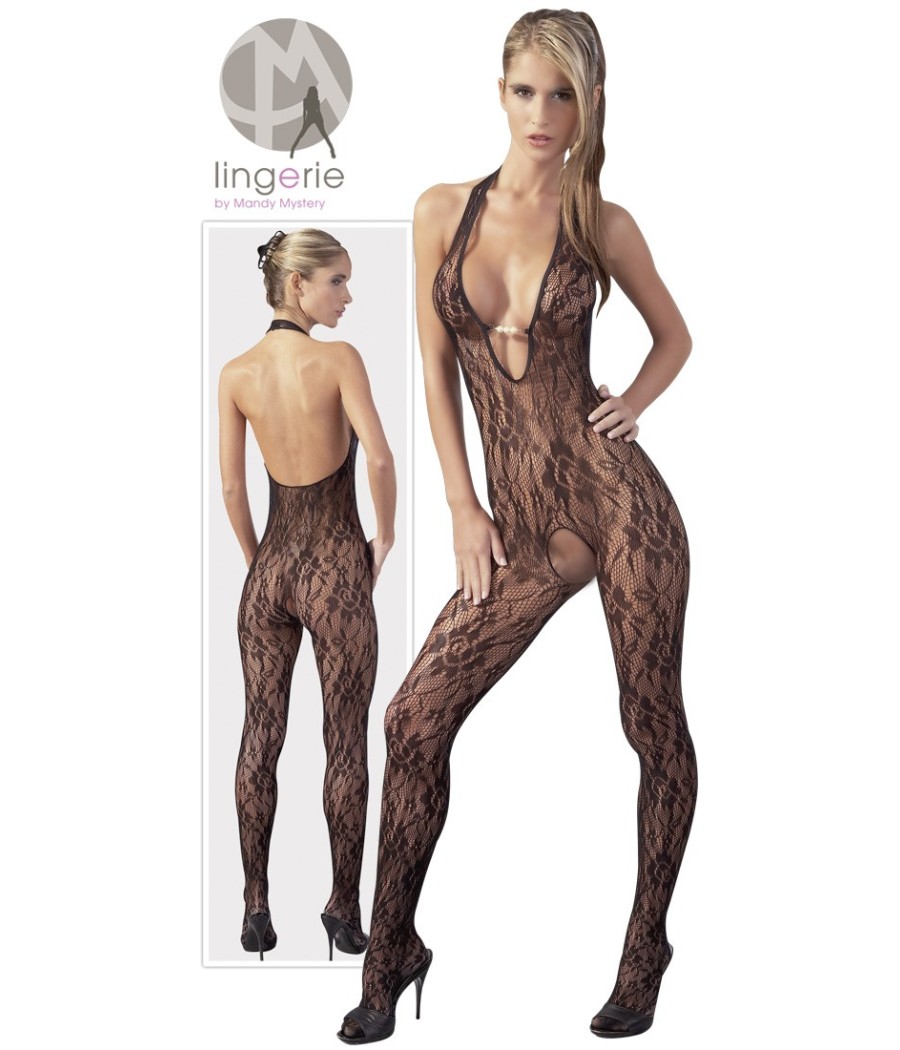 CATSUIT IN PIZZO NERO CON SCOLLATURA PROFONDA