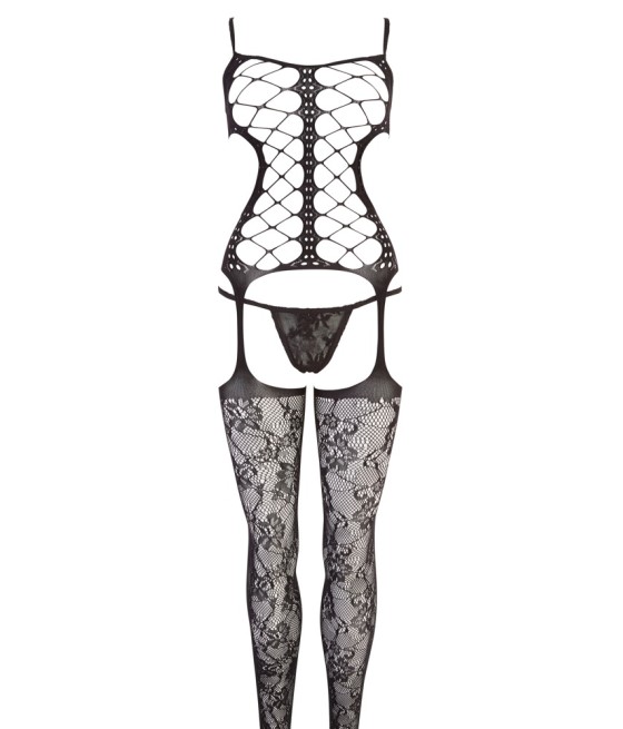 BODYSTOCKING NERO CON DECORAZIONI FLOREALI - TAGLIA UNICA
