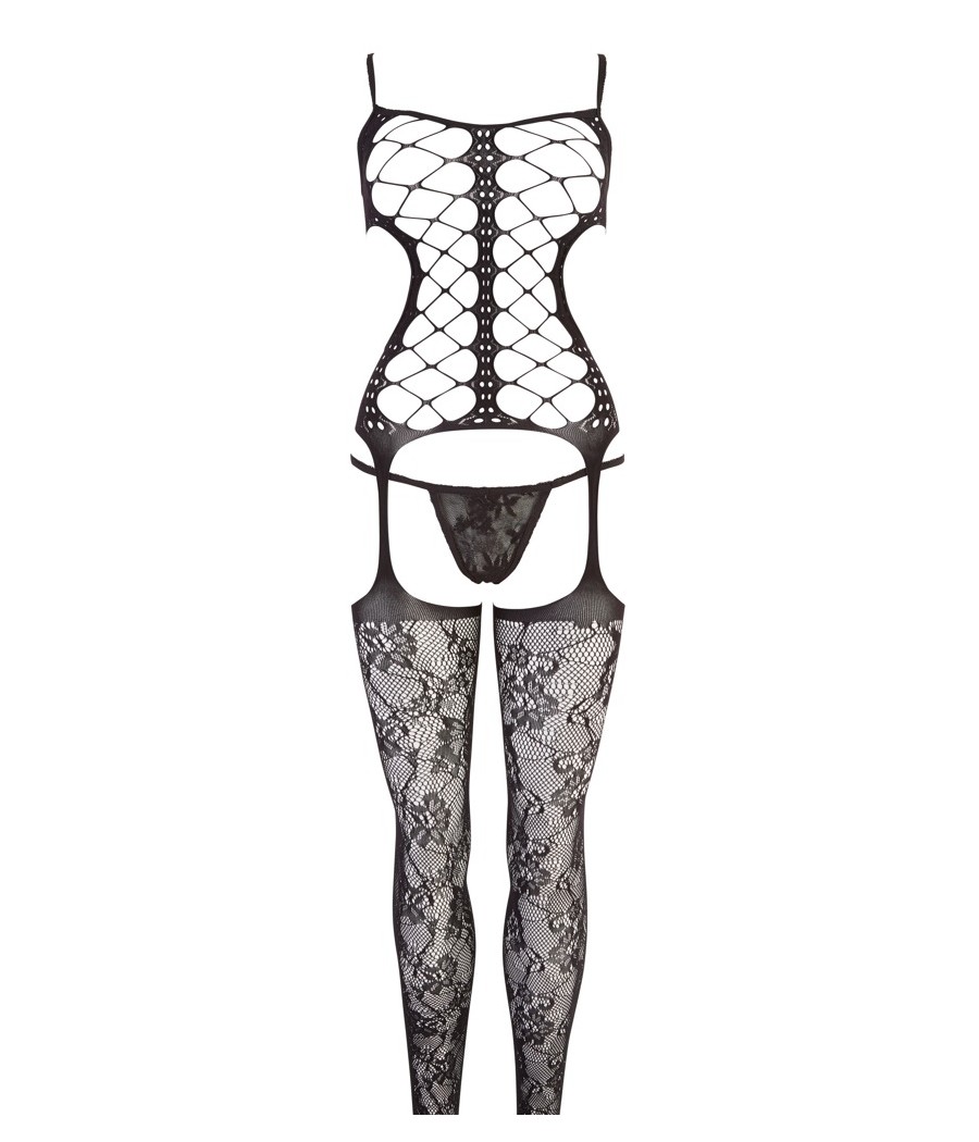BODYSTOCKING NERO CON DECORAZIONI FLOREALI - TAGLIA UNICA