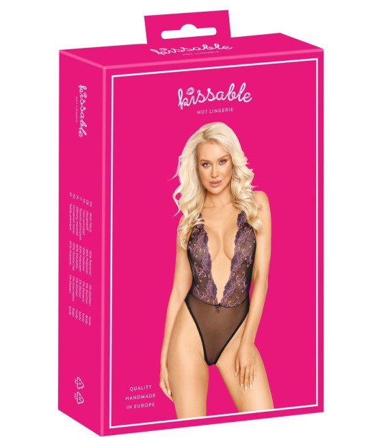 Body extra scollato di kissable realizzato in pregiato powernet nero con intricati ricami floreali