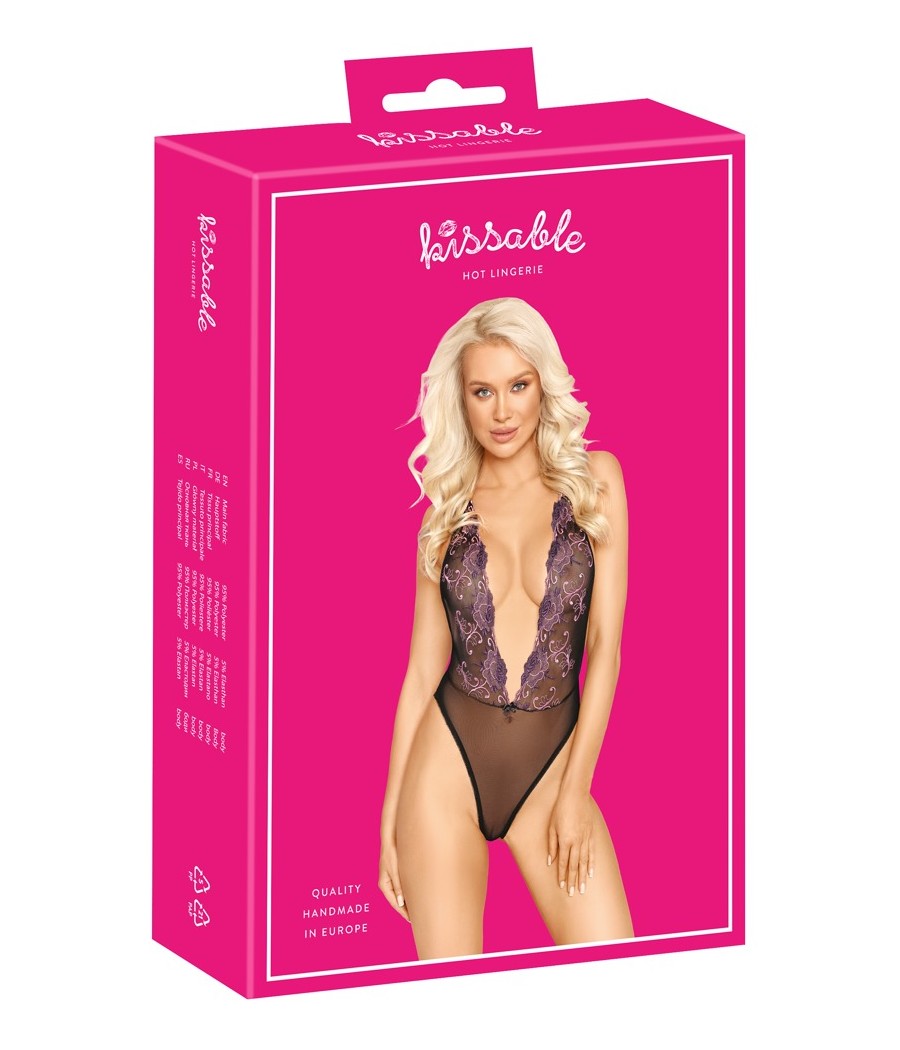 Body extra scollato di kissable realizzato in pregiato powernet nero con intricati ricami floreali