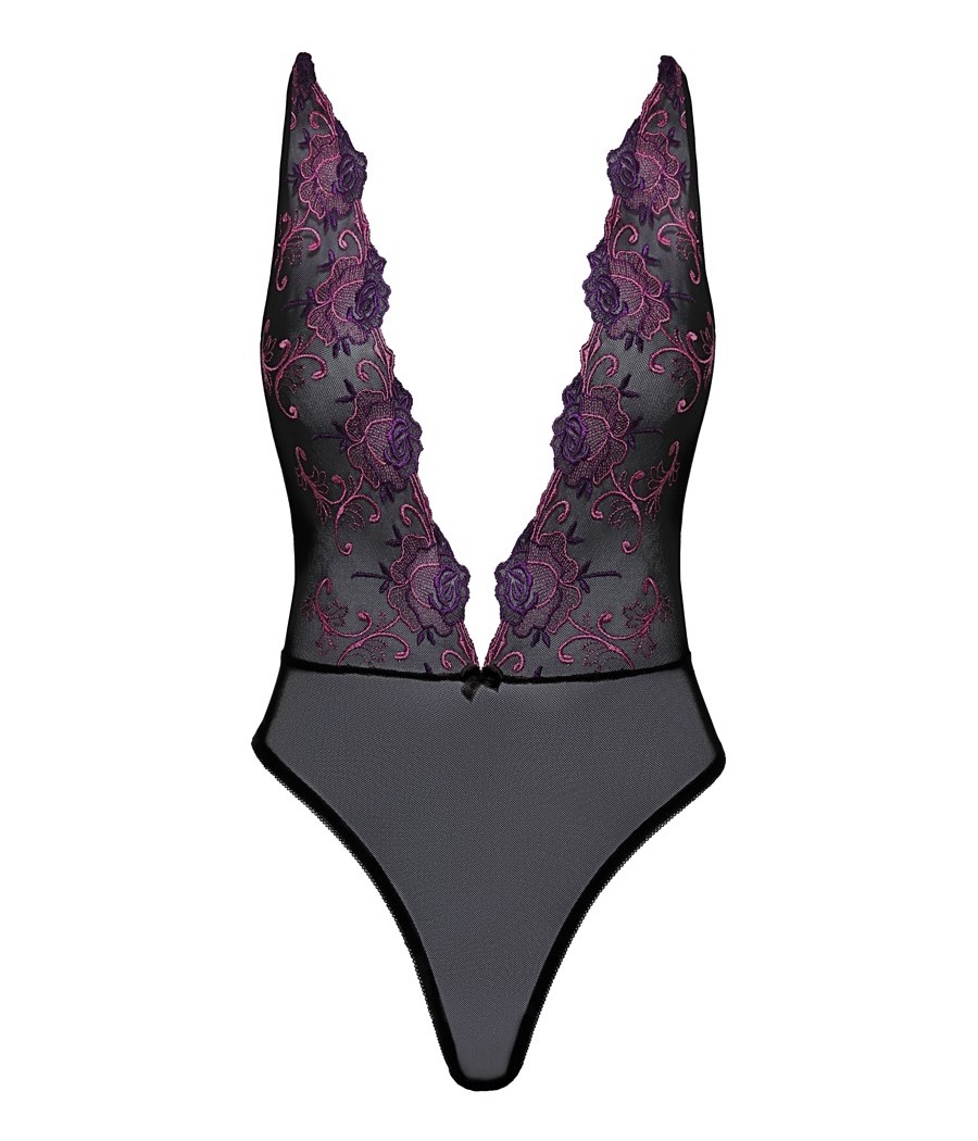 Body extra scollato di kissable realizzato in pregiato powernet nero con intricati ricami floreali