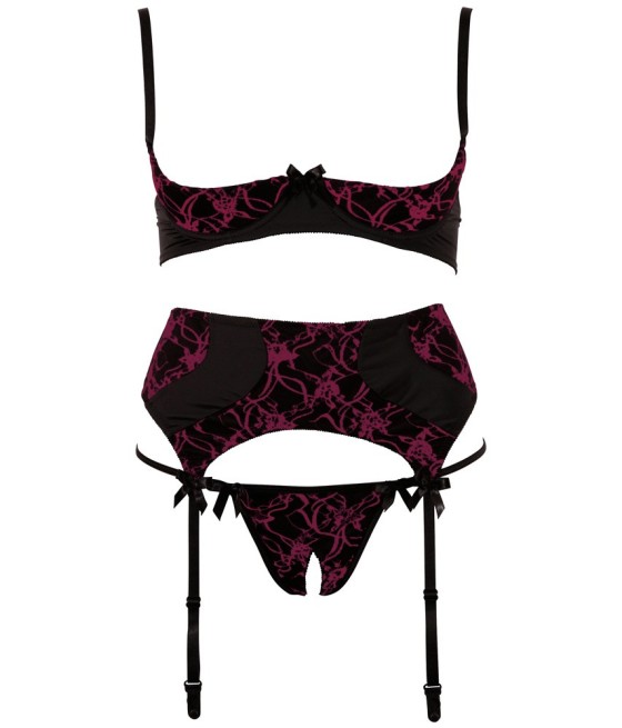 COMPLETO INTIMO ROSSO CON REGGISENO A BALCONCINO REGGICALZE E PERIZOMA APERTO