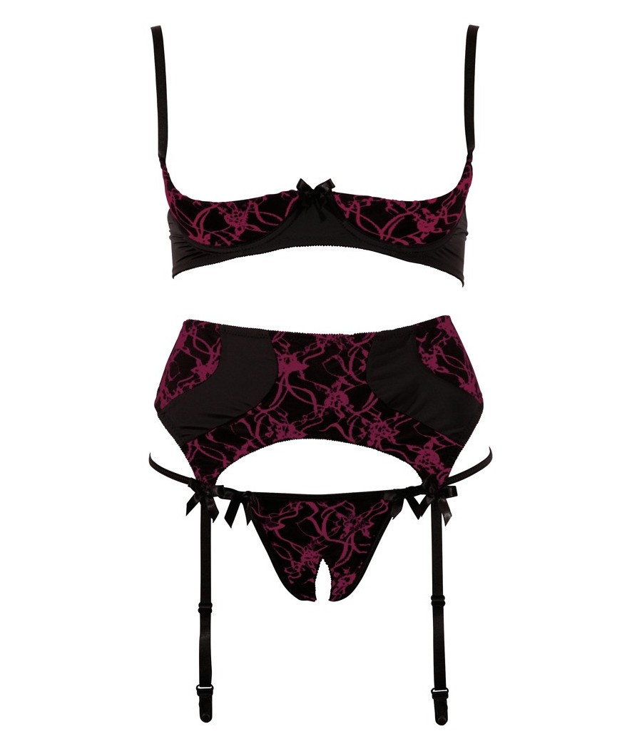 COMPLETO INTIMO ROSSO CON REGGISENO A BALCONCINO REGGICALZE E PERIZOMA APERTO