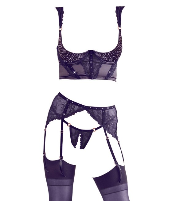 COMPLETO INTIMO ALBERTA FINA 3 pz PIZZO E VELLUTO - COLORE NERO