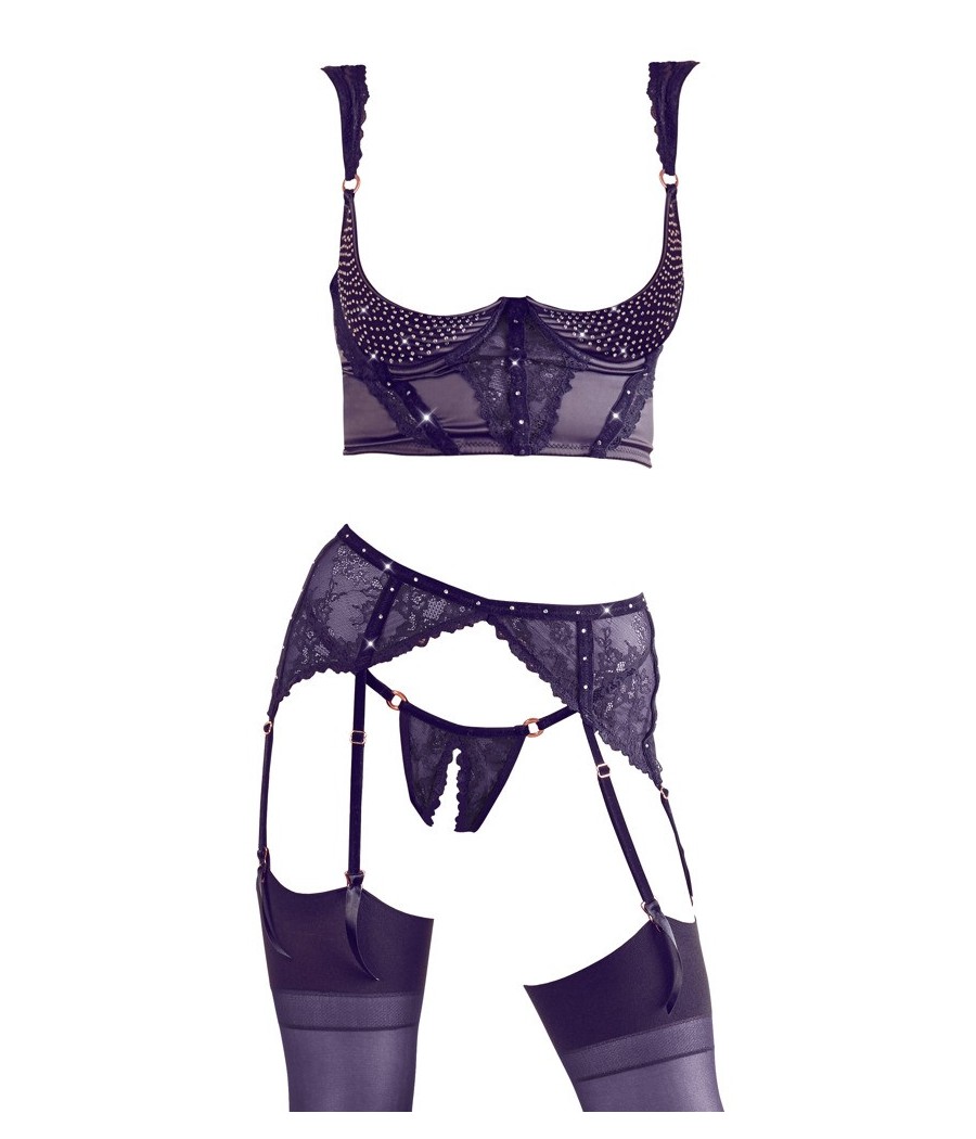 COMPLETO INTIMO ALBERTA FINA 3 pz PIZZO E VELLUTO - COLORE NERO