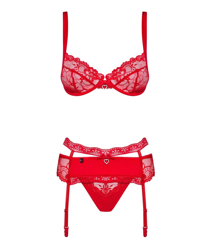 Reggiseno, reggicalze e perizoma rio in un set di seduzione in 3 pezzi con pizzo nobile e gioielli scintillanti di strass