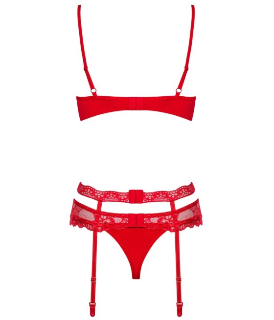 Reggiseno, reggicalze e perizoma rio in un set di seduzione in 3 pezzi con pizzo nobile e gioielli scintillanti di strass