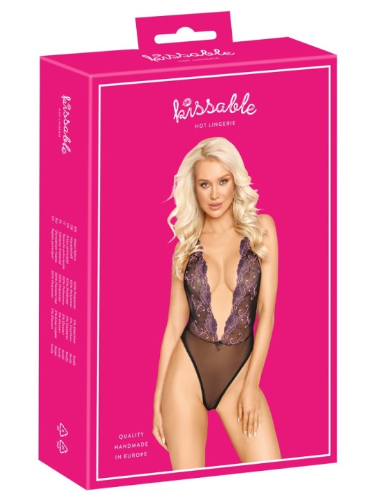 Body extra scollato di kissable realizzato in pregiato powernet nero con intricati ricami floreali Body extra scollato di kissable realizzato in pregiato powernet nero con intricati ricami floreali