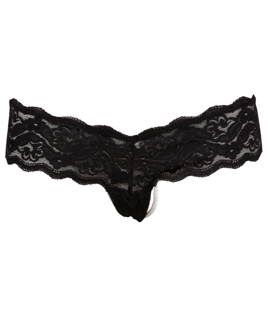 TANGA NERO IN PIZZO CON PERLINE