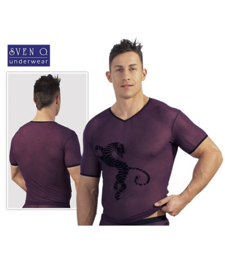 T-SHIRT VIOLA ATTILLATA IN TESSUTO SEMITRASPARENTE CON TIGRE