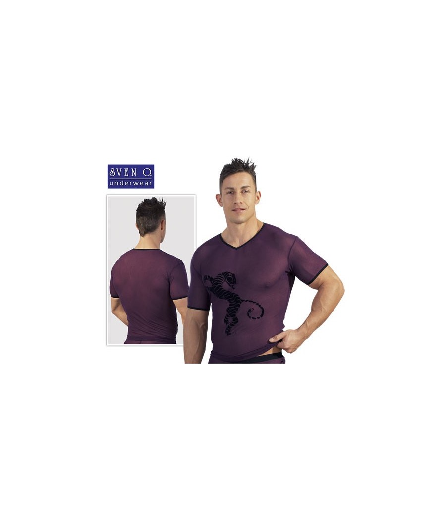 T-SHIRT VIOLA ATTILLATA IN TESSUTO SEMITRASPARENTE CON TIGRE