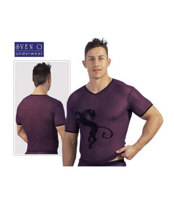 T-SHIRT VIOLA ATTILLATA IN TESSUTO SEMITRASPARENTE CON TIGRE