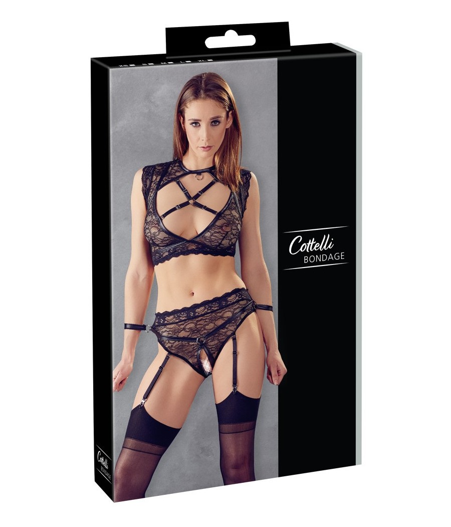 SET FETISH NERO CON TOP IN PIZZO, MANETTE E POLSINI  - COTTELLI BONDAGE