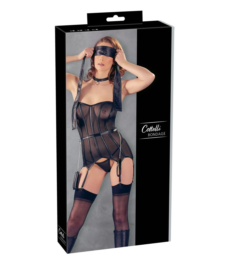 SET FETISH NERO CON CORPETTO TRASPARENTE E ACCESSORI  - COTTELLI BONDAGE