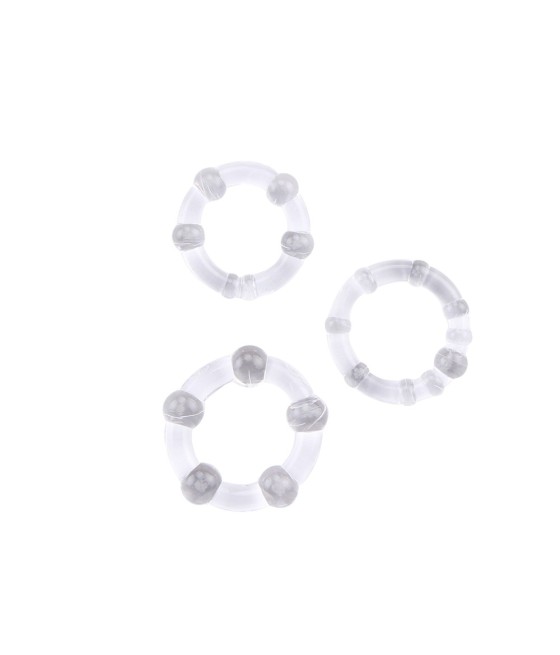 SET 3 ANELLI FALLICI CON RILIEVI STIMOLANTI "BEADED COCKRINGS" TRASPARENTI