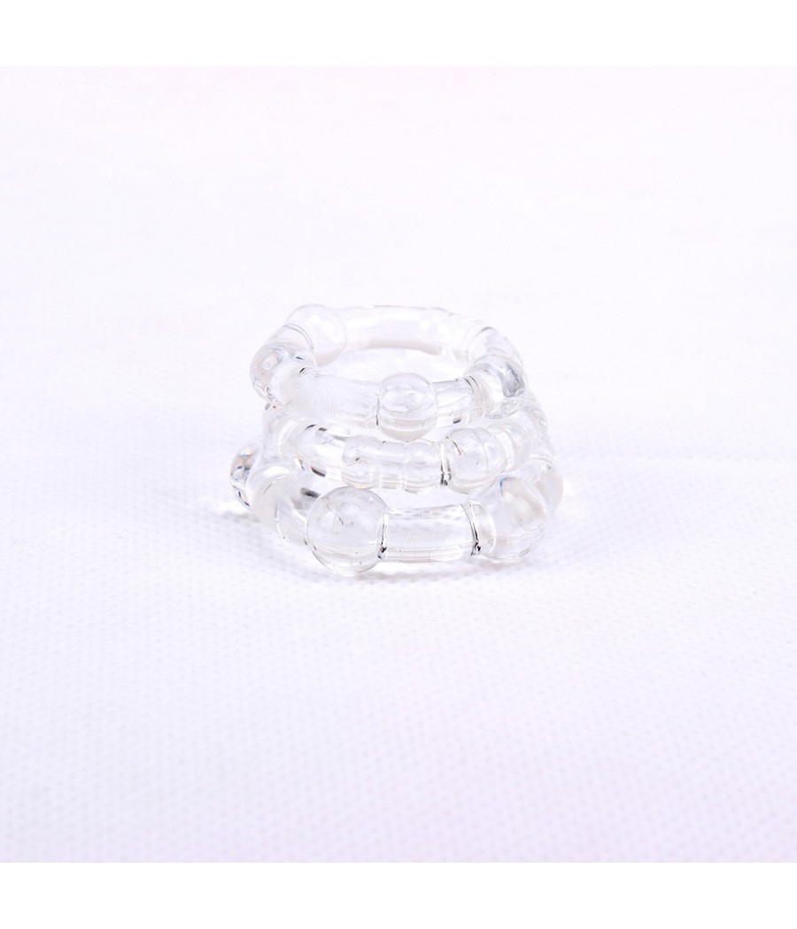SET 3 ANELLI FALLICI CON RILIEVI STIMOLANTI "BEADED COCKRINGS" TRASPARENTI