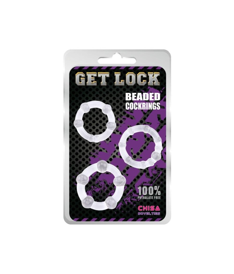 SET 3 ANELLI FALLICI CON RILIEVI STIMOLANTI "BEADED COCKRINGS" TRASPARENTI