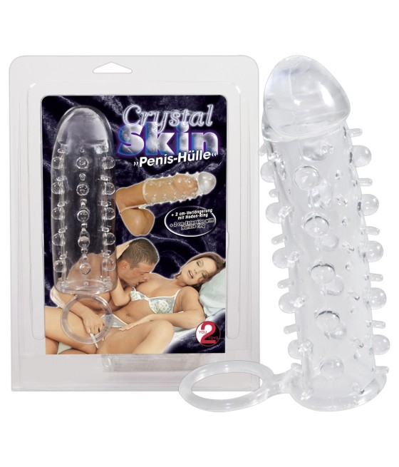GUAINA FALLICA CON ANELLO PER STIMOLAZIONE CLITORIDE "CRYSTAL SKIN"