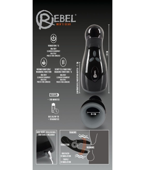 Masturbatore Rebel con funzione Riscaldamento e Movimento Su e Giu
